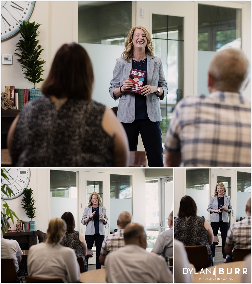 fun candid portraits of female consultant presenting with her book