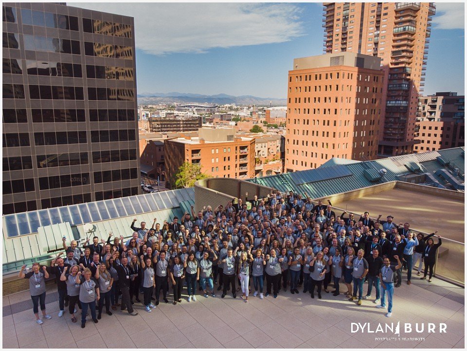 large drone group photograph of entire company