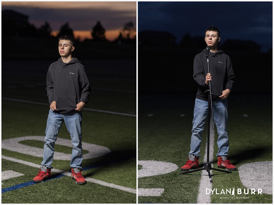 eaglecrest high school senior portraits kaden announcing on the field at sunset