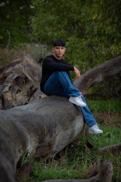 luis senior session sitting on tree